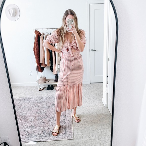Faithfull the Brand Revolve Maple Pink Plaid Cut Out Midi Dress - Picture 6 of 15